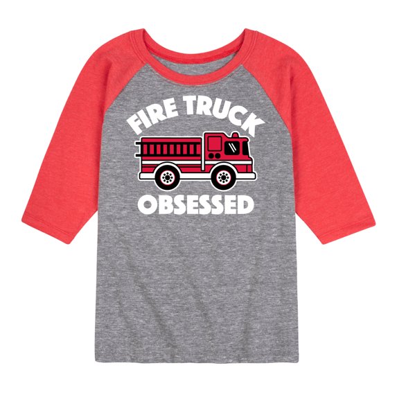 Instant Message - Fire Truck Obsessed - Toddler & Youth Raglan Graphic T-Shirt