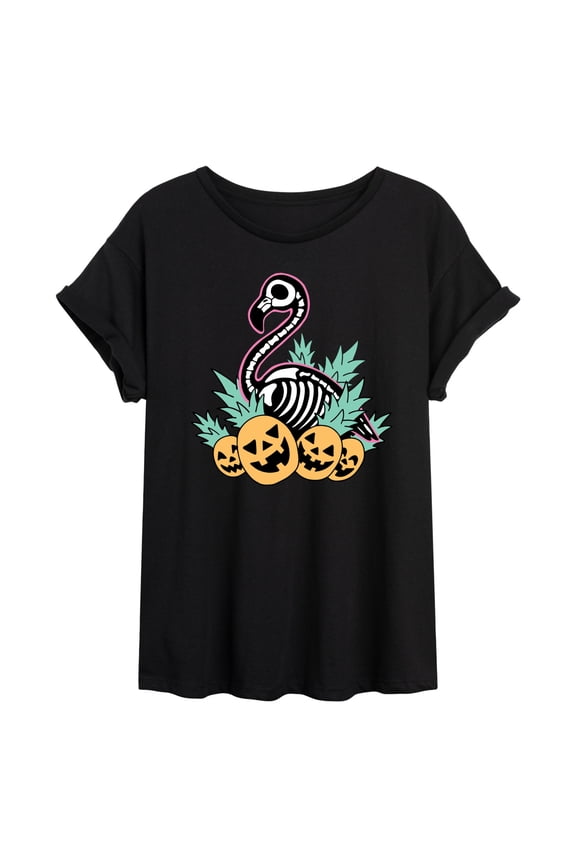 - Flamingo Skeleton - Juniors Oversized Graphic T-Shirt