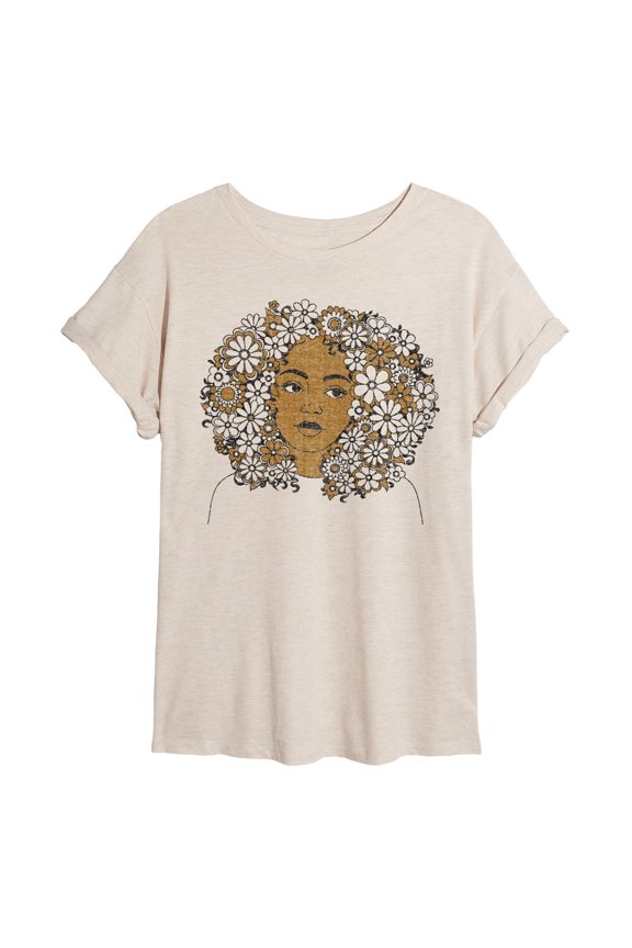 - Floral Afro - Juniors Oversized Graphic T-Shirt