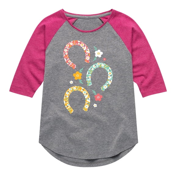 Instant Message - Floral Horseshoes - Toddler & Youth Girls Raglan Graphic T-Shirt