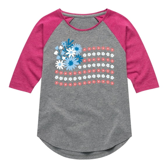 Instant Message - Floral USA Flag - Toddler & Youth Girls Raglan Graphic T-Shirt