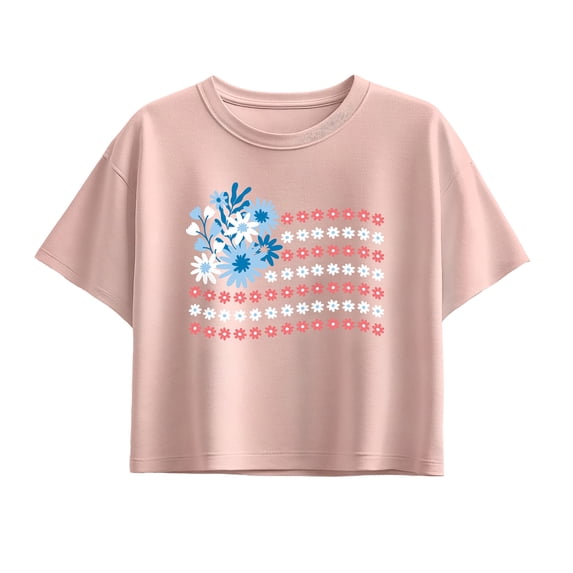 Instant Message - Floral USA Flag Short Sleeve Boxy Graphic T-Shirt