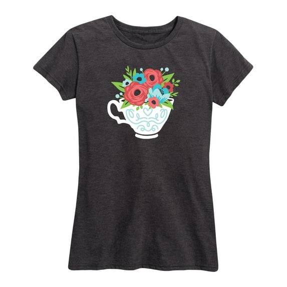 Instant Message - Floral Vintage Tea Cup - Women's Short Sleeve Graphic T-Shirt
