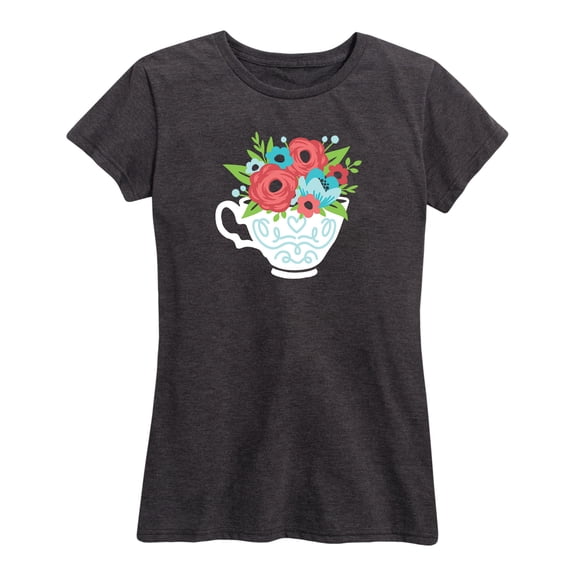 Instant Message - Floral Vintage Tea Cup - Women's Short Sleeve Graphic T-Shirt