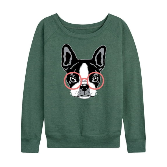 Instant Message - French Bulldog With Glasses - Women's French Terry Long Sleeve Pullover