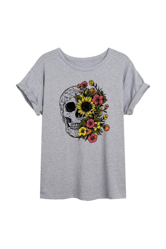 - Half Skull Half Flowers Fall Oversized Graphic T-Shirt