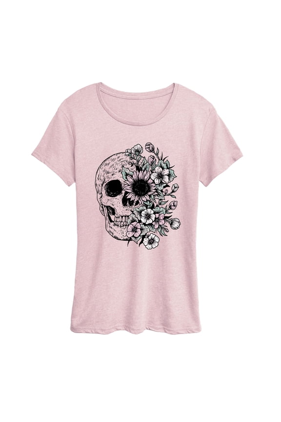 - Half Skull Half Flowers Short Sleeve Graphic T-Shirt