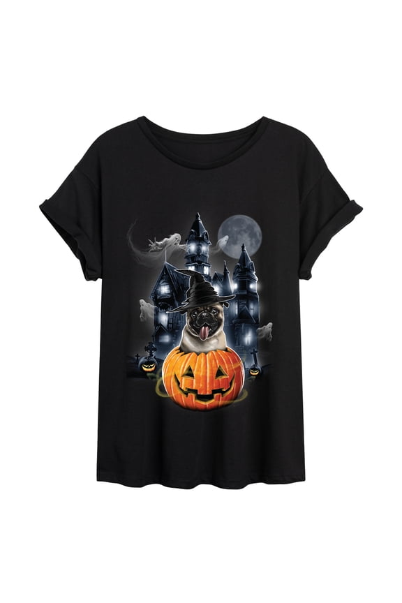 - Halloween Pumpkin Pug Oversized Graphic T-Shirt
