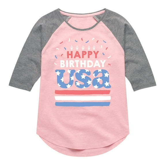 Instant Message - Happy Birthday USA - Celebratory Cake - Toddler & Youth Girls Raglan Graphic T-Shirt