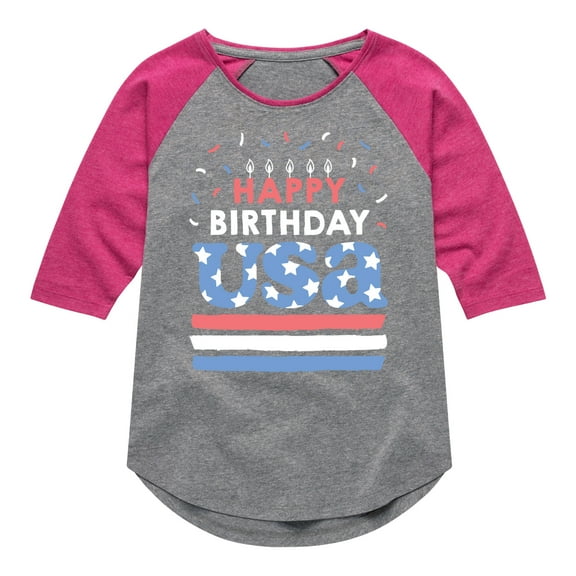 Instant Message - Happy Birthday USA - Celebratory Cake - Toddler & Youth Girls Raglan Graphic T-Shirt