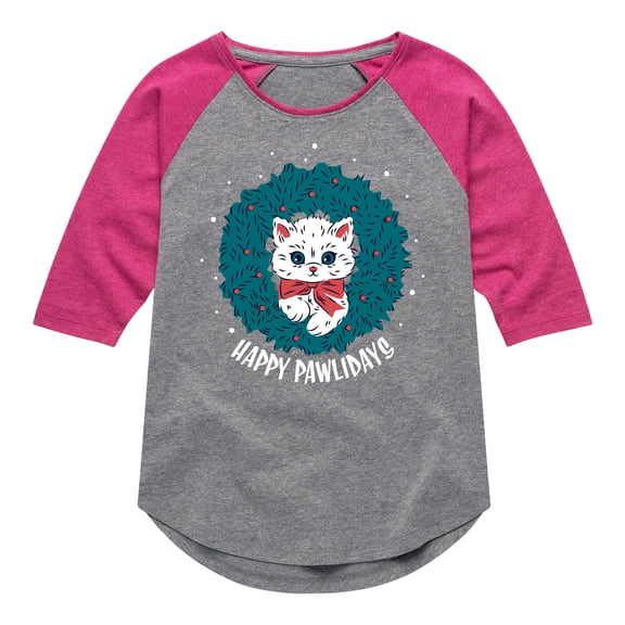 Instant Message - Happy Pawlidays Christmas - Toddler & Youth Girls Raglan Graphic T-Shirt