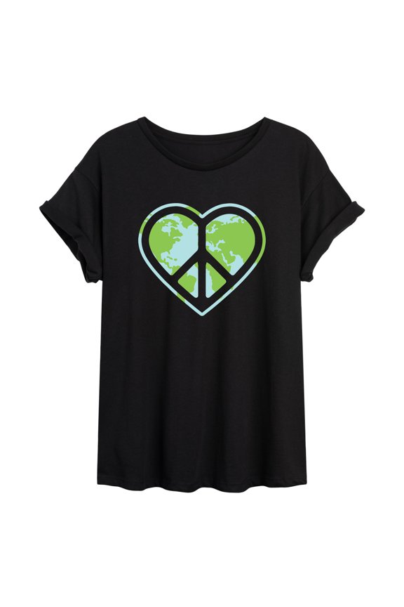 - Heart Peace Sign Earth - Juniors Oversized Graphic T-Shirt
