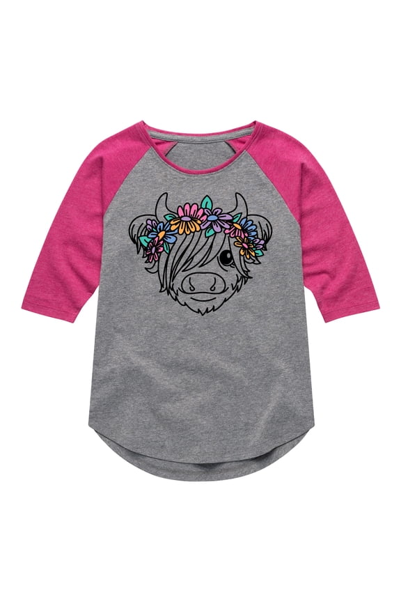 - Highland Cow Flower Crown - Toddler And Youth Girls Raglan Graphic T-Shirt