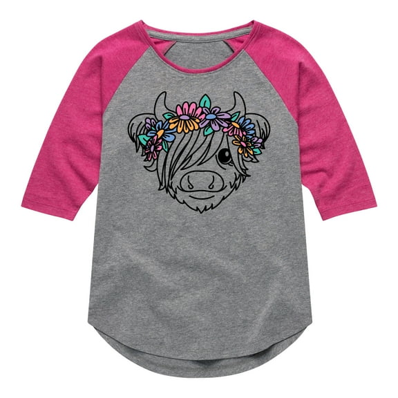 Instant Message - Highland Cow Flower Crown - Toddler And Youth Girls Raglan Graphic T-Shirt
