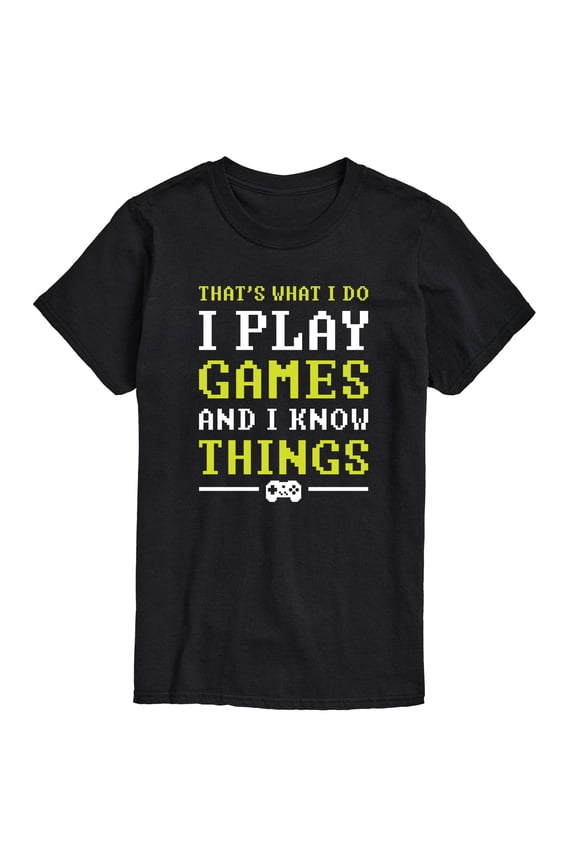 - I Play Games And I Know Things Pixel Short Sleeve Graphic T-Shirt
