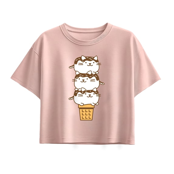 Instant Message - Kawaii Cat Ice Cream Cone Short Sleeve Boxy Graphic T-Shirt