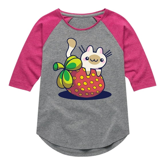 Instant Message - Kawaii - Cats Love Strawberries - Toddler & Youth Girls Raglan Graphic T-Shirt