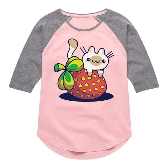 Instant Message - Kawaii - Cats Love Strawberries - Toddler & Youth Girls Raglan Graphic T-Shirt