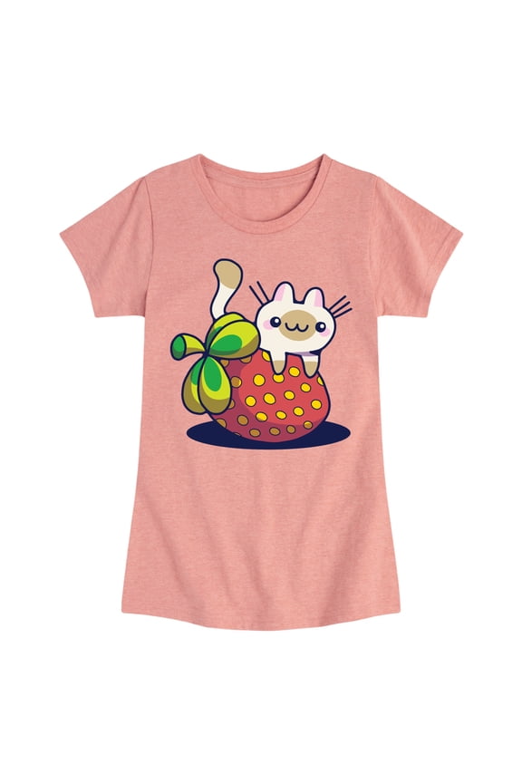 - Kawaii Cat with Strawberry Fitted Short Sleeve Graphic T-Shirt