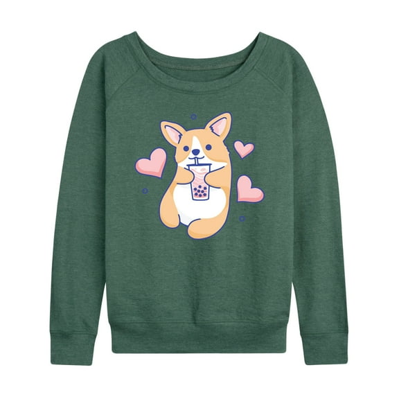 Instant Message - Kawaii - Corgi, Hearts, & Boba Tea - Women's Lightweight French Terry Long Sleeve Shirt