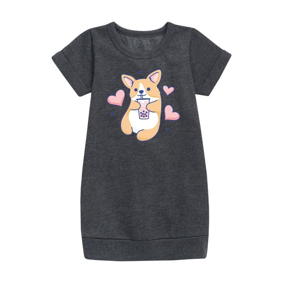 Instant Message - Kawaii - Corgis Love Boba Tea - Toddler & Youth Girls Fleece Dress