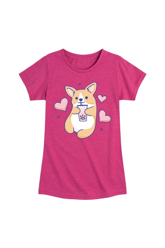- Kawaii - Corgis Love Boba Tea - Toddler & Youth Girls Short Sleeve T-Shirt