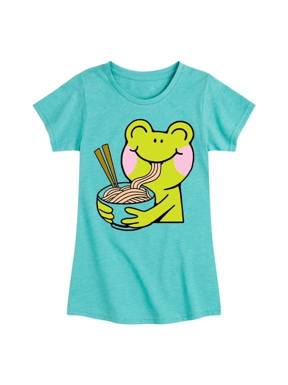 - Kawaii Frog Eating Ramen Girls' Fitted Short Sleeve Graphic T-Shirt