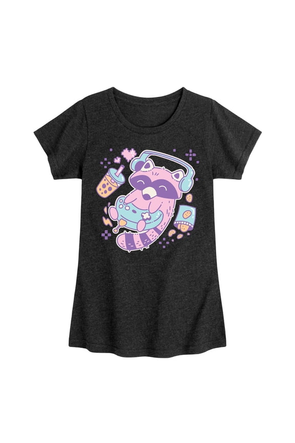 - Kawaii Raccoon Gamer with Boba Tea Fitted Short Sleeve Graphic T-Shirt