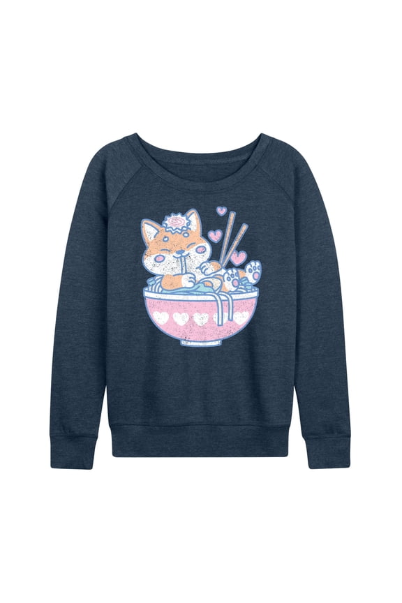 - Kawaii Ramen Shiba Inu Lightweight French Terry Wide Neck Long Sleeve Graphic Shirt