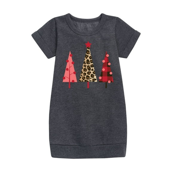Instant Message - Leopard Print Christmas Trees - Toddler And Youth Girl Fleece Dress