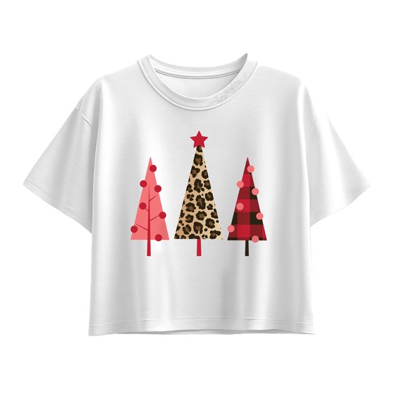 Instant Message - Leopard Print Christmas Trees - Youth Girl Short Sleeve Boxy Tee