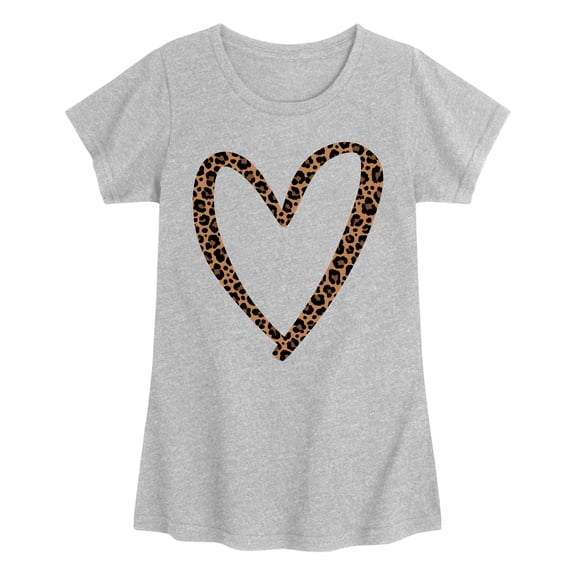 Instant Message - Leopard Print Heart Outline - Youth Girls Fitted Short Sleeve T-Shirt