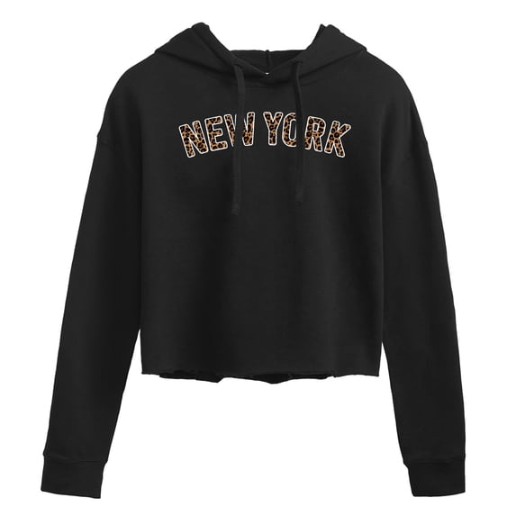 Instant Message - Leopard Print New York - Juniors Cropped Fleece Hoodie Sweatshirt