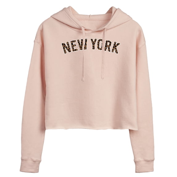 Instant Message - Leopard Print New York - Juniors Cropped Fleece Hoodie Sweatshirt