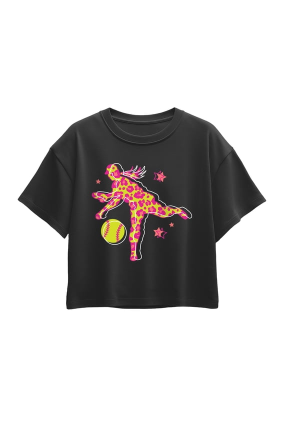 - Leopard Print Softball Player Short Sleeve Boxy Graphic T-Shirt