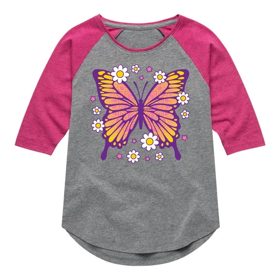 Instant Message - Mandala Butterfly  - Toddler & Youth Girls Raglan Graphic T-Shirt