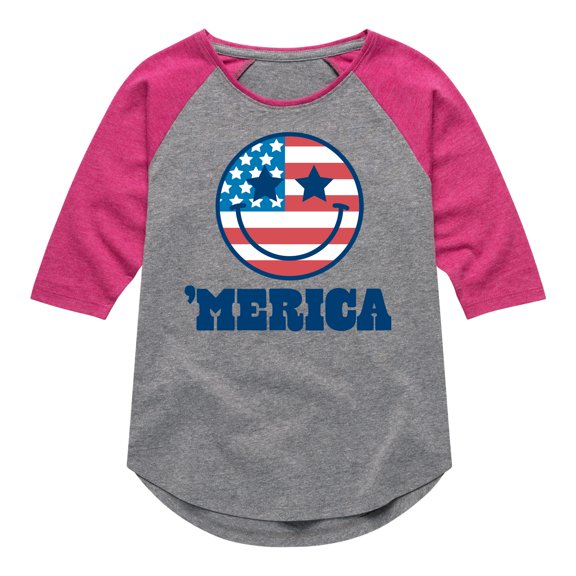 Instant Message - Merica Smile Face - Toddler & Youth Girls Raglan Graphic T-Shirt