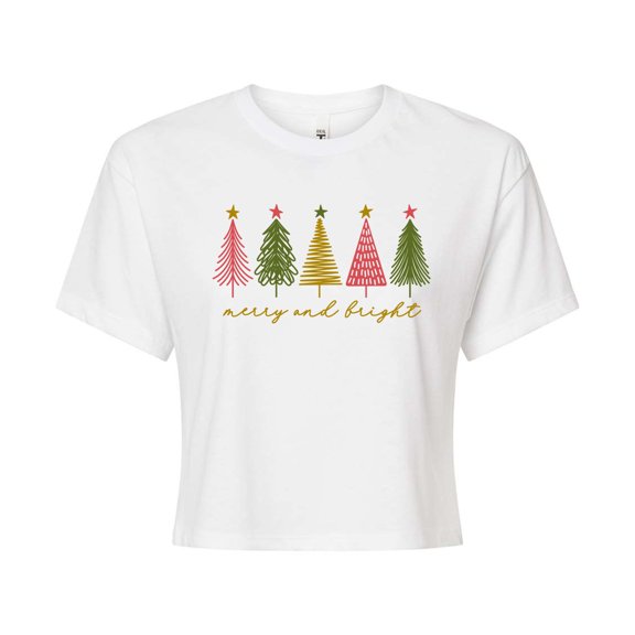 Instant Message - Merry And Bright Christmas Trees - Juniors Cropped Short Sleeve Graphic T-shirt