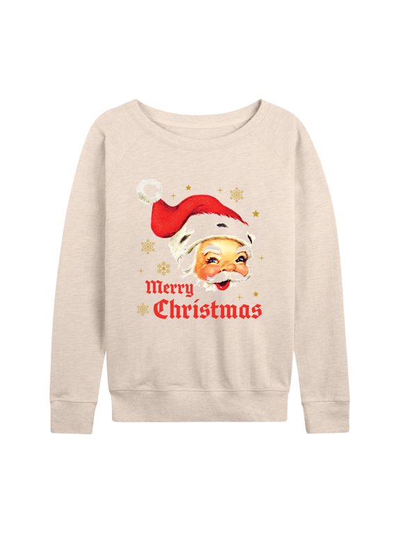 - Merry Christmas Vintage Santa White Tee Women's Lightweight French Terry Wide Neck Long Sleeve Graphic Shirt