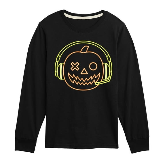 Instant Message - Neon Pumpkin with Headphones - Toddler & Youth Long Sleeve Graphic T-Shirt