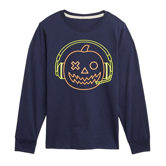 Instant Message - Neon Pumpkin with Headphones - Toddler & Youth Long Sleeve Graphic T-Shirt