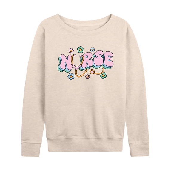 Instant Message - Nurse Flowers Women's Lightweight French Terry Wide Neck Long Sleeve Graphic Shirt