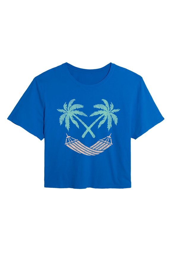 - Palm Tree Hammock Face - Juniors Cropped Graphic T-Shirt