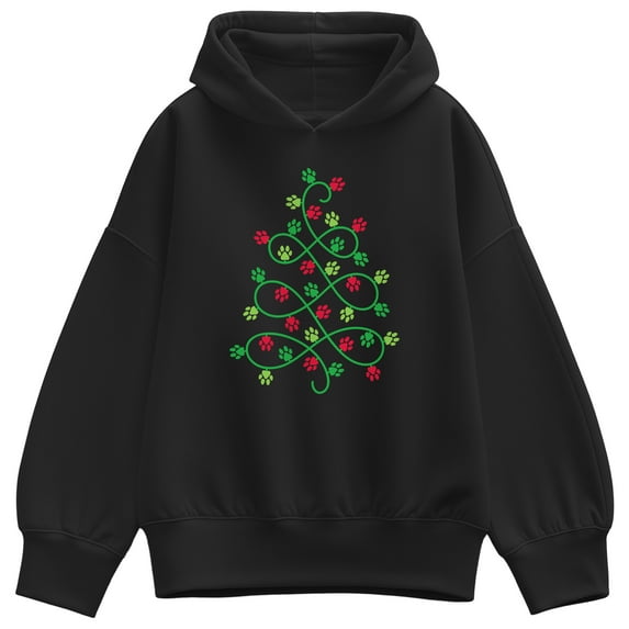 Instant Message - Paw Print Christmas Tree - Ladies Oversized Fleece Hoodie Sweatshirt