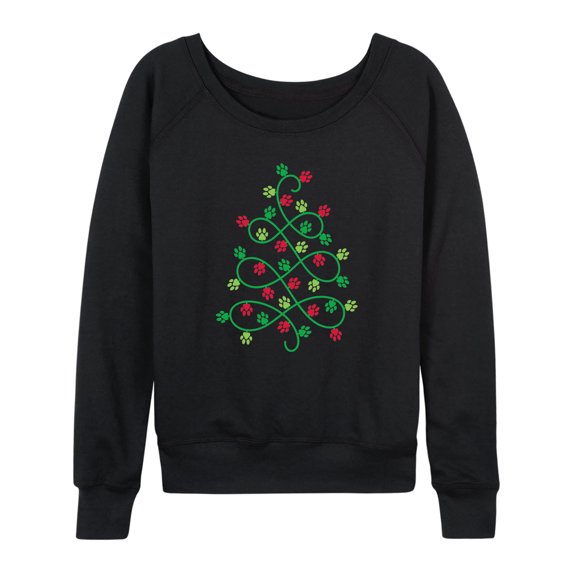 Instant Message - Paw Print Christmas Tree Lightweight French Terry Wide Neck Long Sleeve Graphic Shirt
