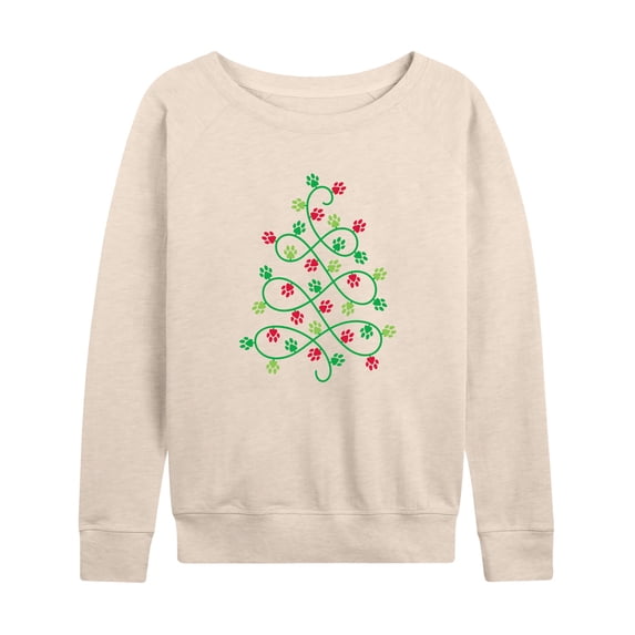 Instant Message - Paw Print Christmas Tree Lightweight French Terry Wide Neck Long Sleeve Graphic Shirt