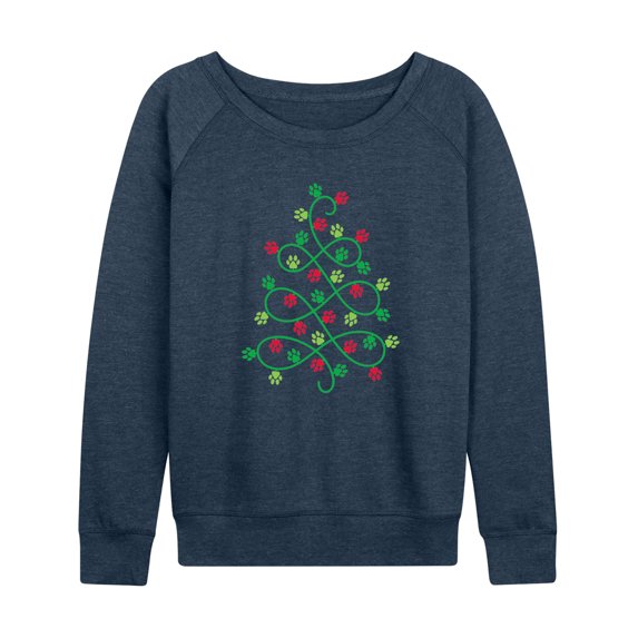 Instant Message - Paw Print Christmas Tree Lightweight French Terry Wide Neck Long Sleeve Graphic Shirt
