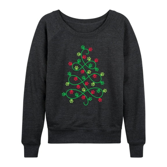 Instant Message - Paw Print Christmas Tree - Womens French Terry Pullover Long Sleeve Shirt