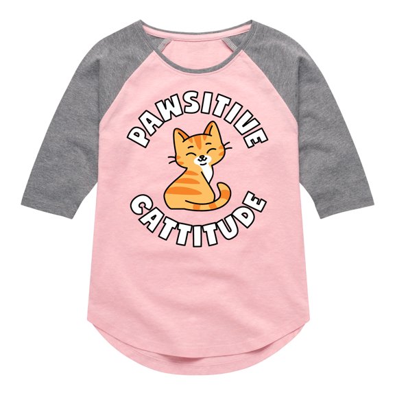 Instant Message - Pawsitive Cattitude - Toddler And Youth Girls Raglan Graphic T-Shirt