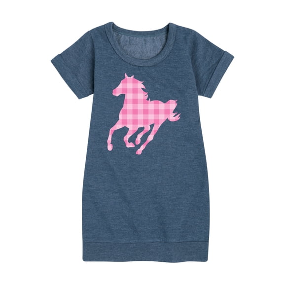 Instant Message - Pink Gingham Horse - Toddler & Youth Girls Fleece Dress